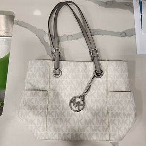 Michael Kors Cream/White MK Monogram Tote with Silver Hardware